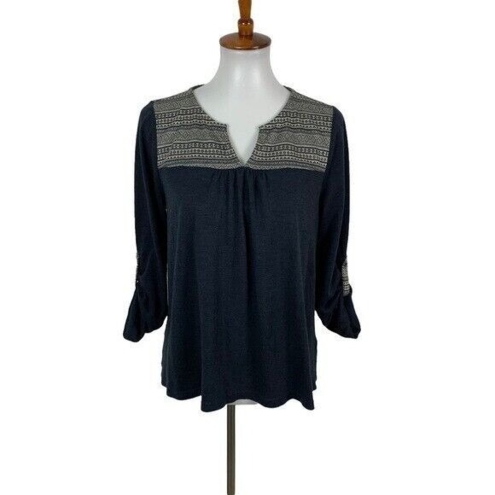 Altar'd State‎ Navy Blue Boho Embroidered Top M Relaxed Fit 3/4 Sleeve Casual